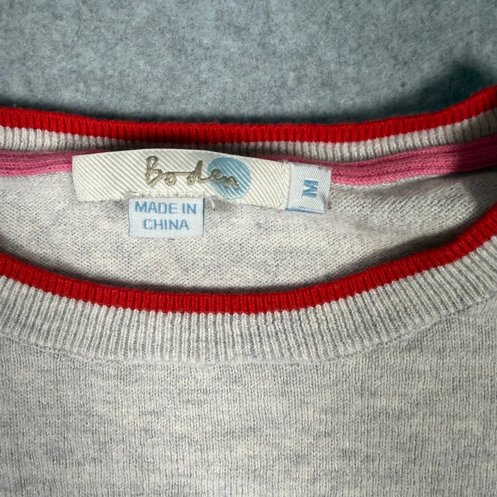 Boden Womens Oatmeal Wool Cotton Fox Terrier Dog Intarsia Sweater Red Trim M - Picture 3 of 8